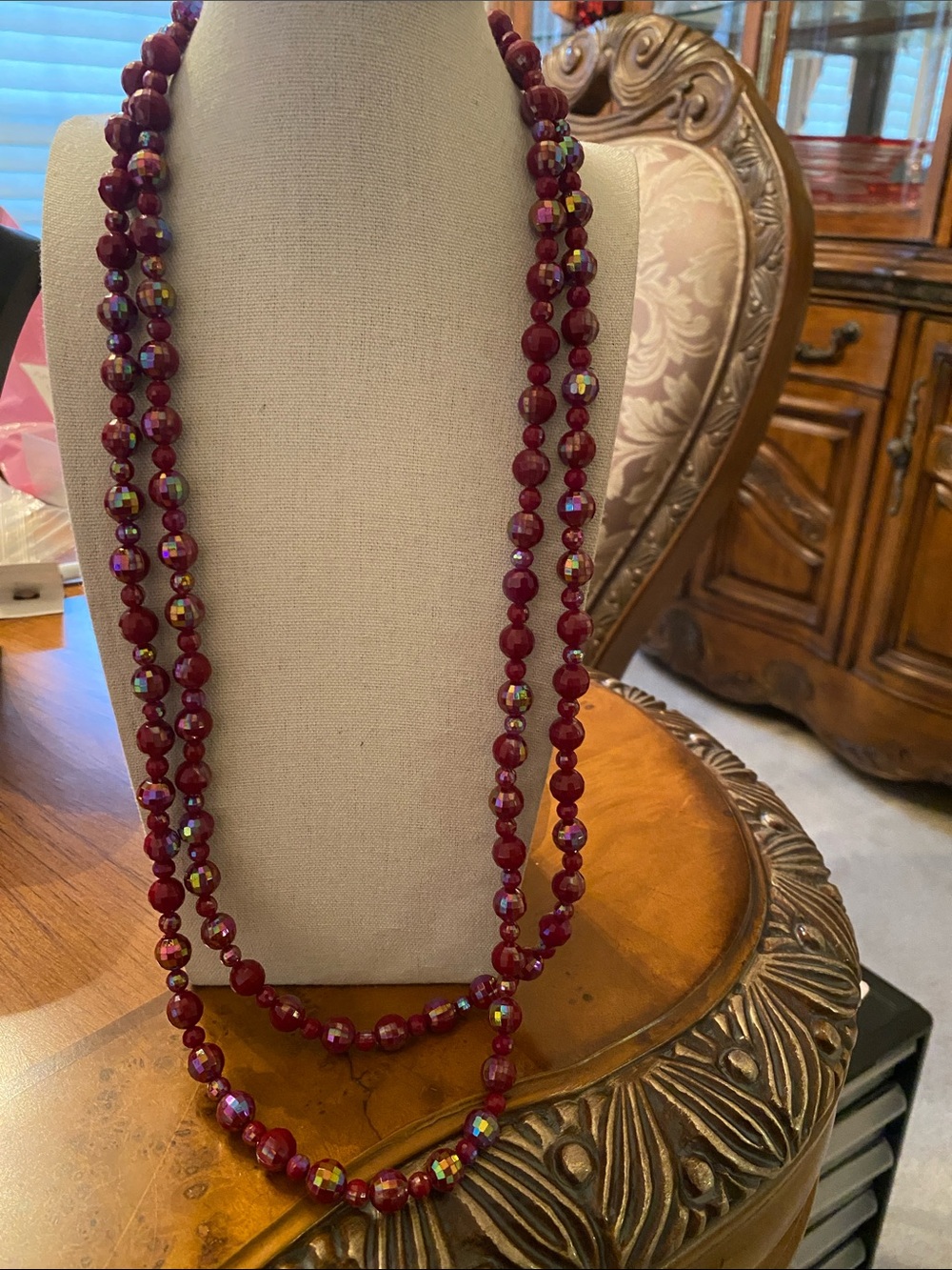 Source Unknown Deep Red Double-Strand Beaded Necklace with Iridescent Accents